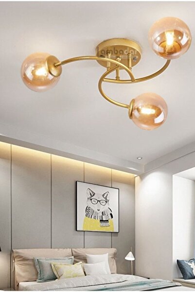 moontime alaçatı Şık Modern Gold Üçlü Plafonyer Bal Camlı Evi Aydınlatan Tasarım