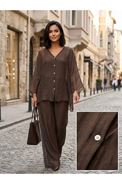 Rabiossa Women's Blouse Pants Silk Set