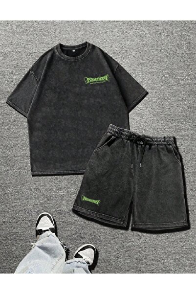 PENTHİLUS Acid-Washed Double Set - Washed Oversized Shorts and T-Shirt Set