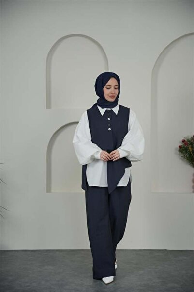 Dipmoda Women's Navy Blue Asymmetrical Looking Three-Piece Hijab Set Dpvq3126