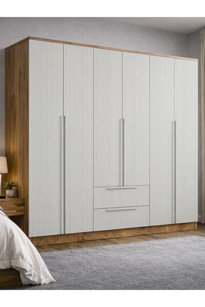 MOBİLİQUE Nova No.5 Altı Kapaklı İki Çekmeceli 5Raflı Gardırop Çam-Vizon