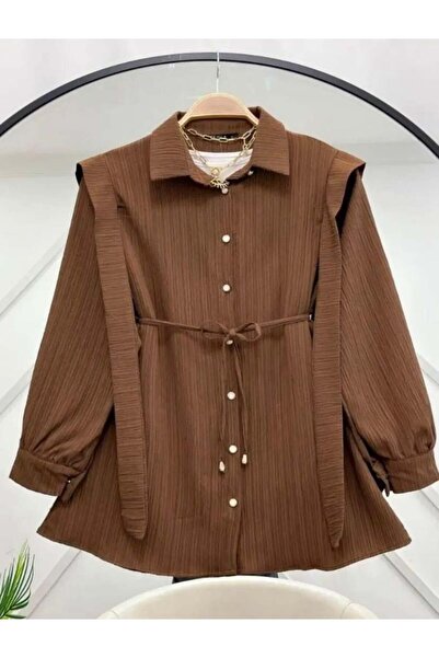 modasindoma قميص نسائي بتفاصيل حزام باللون البني