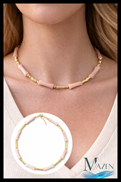 MAZEN بامبو قلادة من الخرز العظمي 40+5 سم |   قلادة نسائية بتصميم خرز ذهبي مفصل