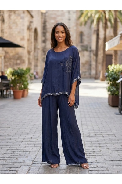 Rabiossa Women's Blouse Pants Silk Set