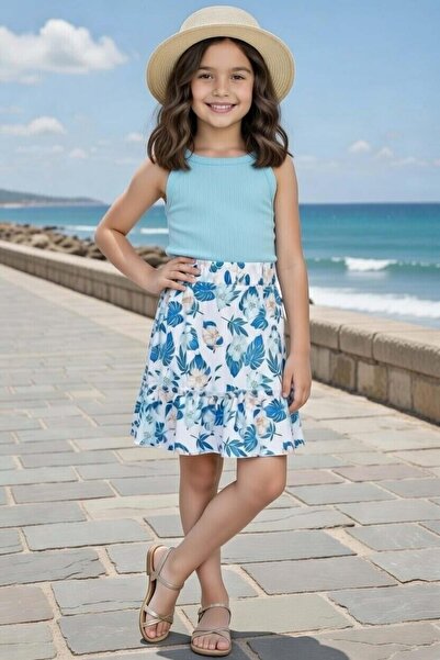 Riccotarz Girl's Rope Strap Sleeveless K Ribbed Knit C Cropped Blue Leaf B Pr...
