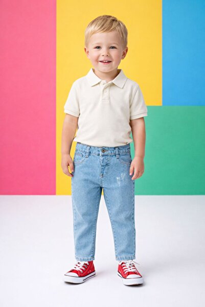 minny max Çocuk Jean Denim Pantolon Yıpratma Detaylı Beli Ayarlanabilir Lastikli