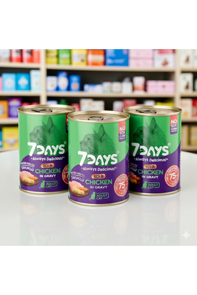7DAYS Tavuklu Soslu Yetişkin Konserve Kedi Maması 415 gr x 3 Adet (Ekonomik P...