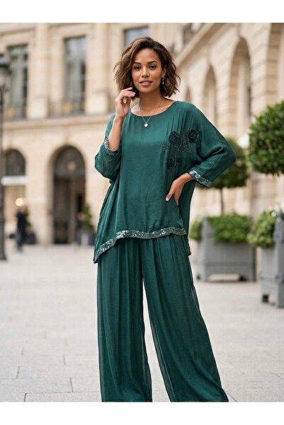 Rabiossa Women's Blouse Pants Silk Set