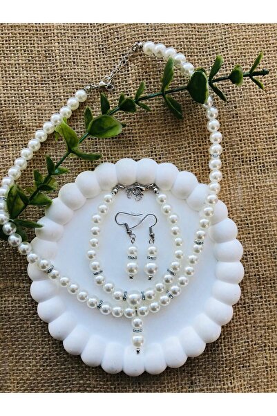 Luba 3Lü Zirkon Taşlı inci takı seti bileklik küpe kolye