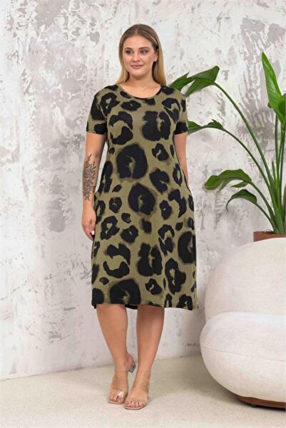 Dipmoda Women's Pocketed Khaki Green Plus Size Dress Dpa039