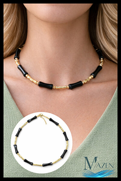 MAZEN Bamboo Bone Bead Necklace 40+5 cm |   Gold Detailed Bead Design Women's...