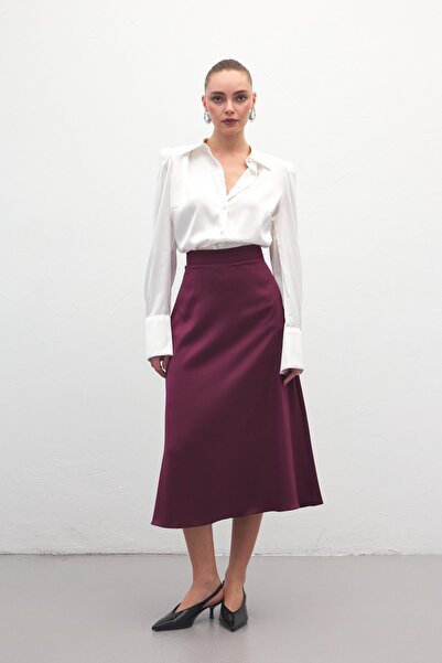 Sateen Midi Length Satin Skirt - Plum