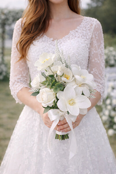 ecrella Beyaz Yapay Gelin Buketi – Kır Düğünü Nikah Nişan Gelin Çiçeği Fotoğr...