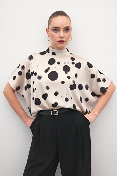 Sateen Bat Sleeve Casual Blouse - Polka Dot Beige