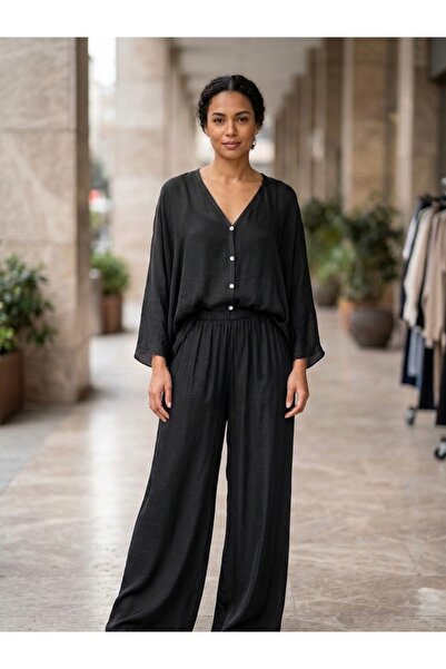 Rabiossa Women's Blouse Pants Silk Set