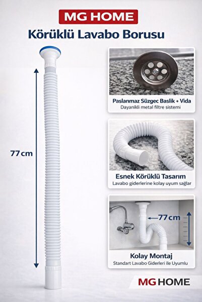 VENON Körüklü Lavabo Hortumu ❤️ AÇIK HALİ 77 CM ❤️ Lavabo Gider Borusu ❤️ Kok...