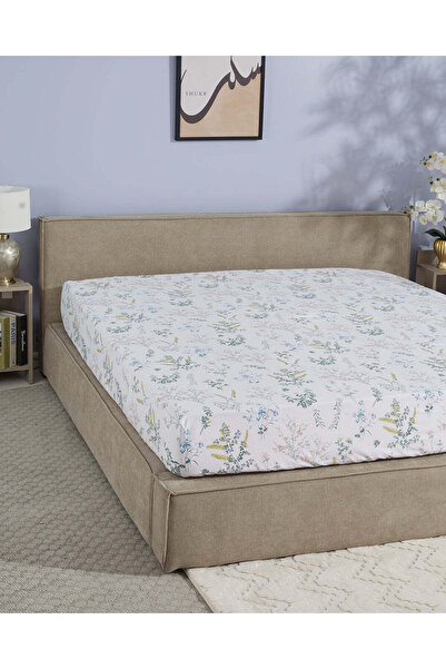 REDTAG White & Green Botanical Printed Queen Size Fitted Sheet