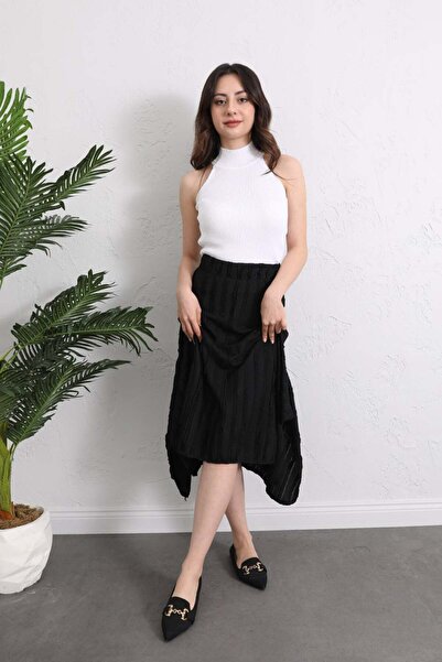 zenne Asymmetrical Skirt with Frayed Fabric Black - 1159
