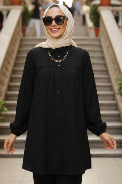 N.S NEVA STYLE Buttoned Black Hijab Tunic 5377S