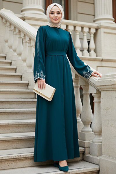 N.S NEVA STYLE Petrol Blue Hijab Abaya with Detailed Sleeves 60063Pm
