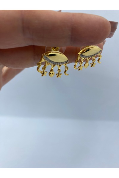 Byoz store حلق الحظ من الزركون بتصميم مرصّع بالأحجار عيون - حلق ذهبي متدلي بت...