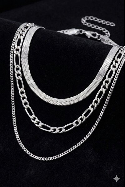 POEM JEWELLERY 3 Katmanlı Snake Figaro Zincir 925 Ayar Gümüş Kaplama Kadın Ko...