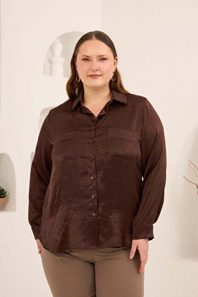 RMG Taş Printed Women's Plus Size Effect Satin Shirt Brown