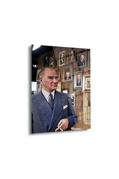 Shiny Art Atatürk Fotoğraf Galerisi Arka Planlı Portre Cam Tablo - Temperli C...
