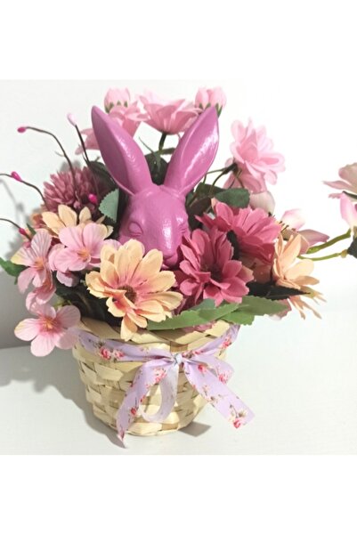 Pasiunea Florilor Basket With Ceramic Rabbit and Pink Flowers