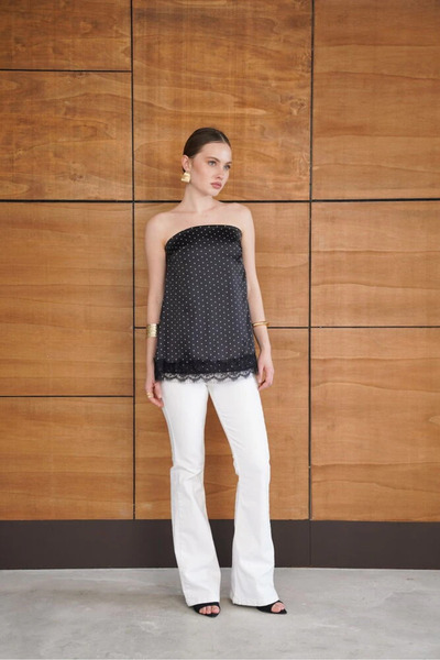 cemo Kadın Puantiyeli Straplez Saten Bluz Dantel Detaylı