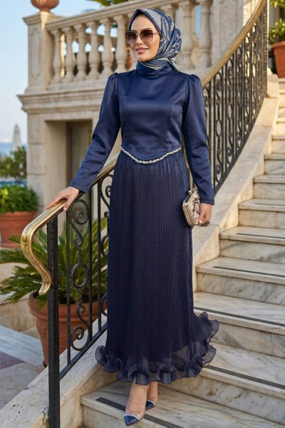 N.S NEVA STYLE Pleated Navy Blue Hijab Evening Dress 6281L