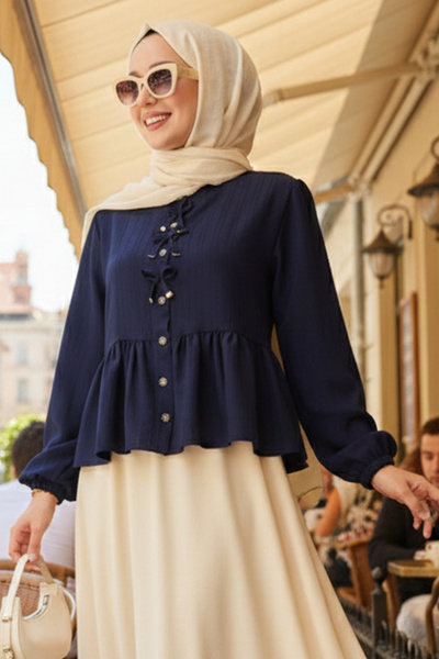 N.S NEVA STYLE Buttoned Navy Blue Hijab Tunic 11002L