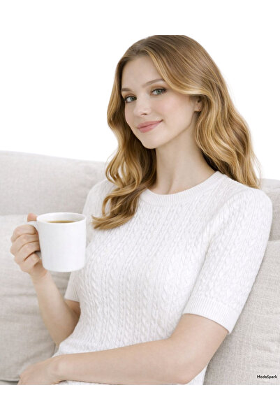 MODASPARK White Short Sleeve Crew Neck Slim Fit Women's Sweatshirt