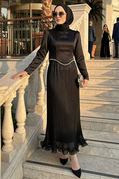 N.S NEVA STYLE Pleated Black Hijab Evening Dress 6281S