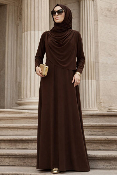 N.S NEVA STYLE Rochie maro cu broșă detaliată, stil hijab 2455KH