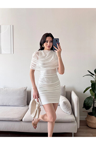 Zoom Butik Tül Pelerin Drapeli Elbise - BEYAZ