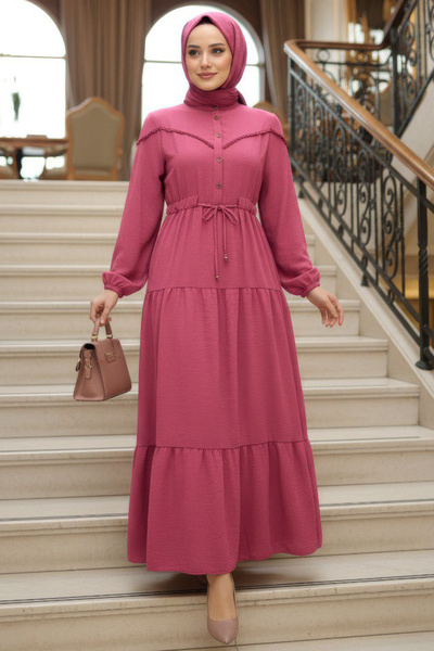 N.S NEVA STYLE Kat Piliseli Koyu Gül Kurusu Tesettür Elbise 10334KGK