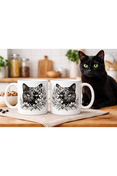 CumparaSMART Personalized white mug, Black Cat Flower