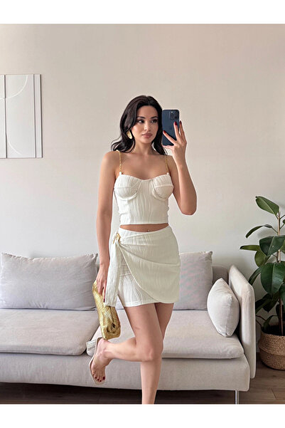 Zoom Butik Zincir Crop Etekli Takım - BEYAZ