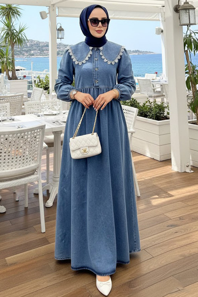 N.S NEVA STYLE guler tip Peter Pan Rochie albastră din denim cu hijab 19179M