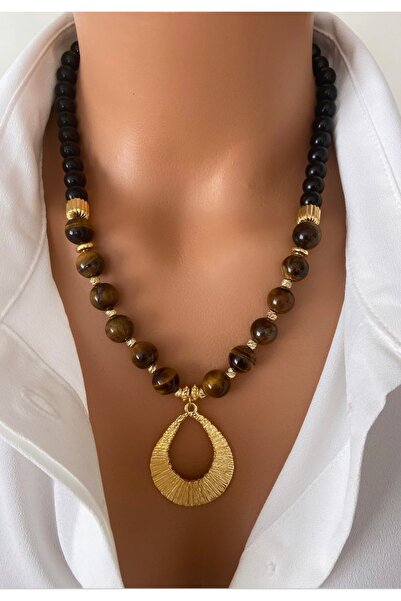 TARZ-I TAKI Natural Stone Big Coffee Tiger Eye Stone Black Onyx Gold Plated S...