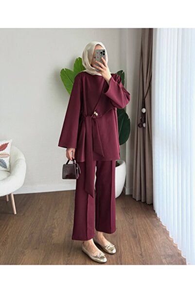 TOKARİS TEKSTİL Buckle Detail Women's Hijab Skuba Pants and Top Set