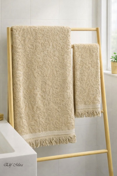 Elif Mira 2-Piece Bath and Hand Towel Set Fringed Embossed Patterned 100% Cot...