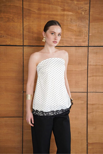 cemo Kadın Puantiyeli Straplez Saten Bluz Dantel Detaylı