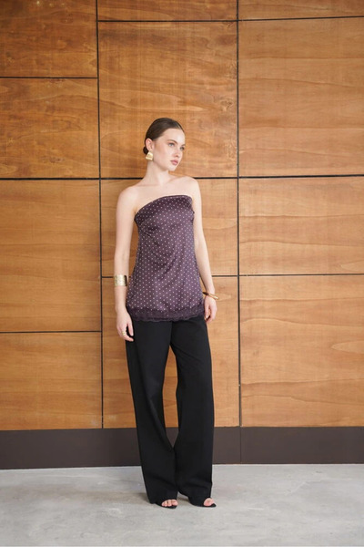 cemo Kadın Puantiyeli Straplez Saten Bluz Dantel Detaylı