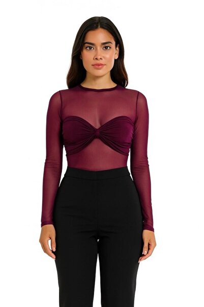 SUGULL Transparan Bisiklet Yaka Uzun Kollu Bluz