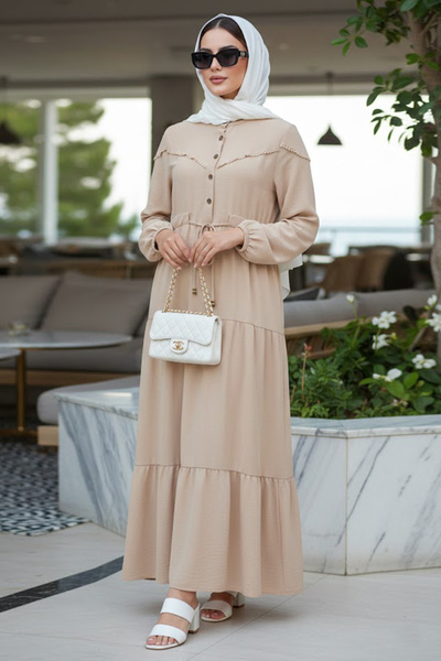 N.S NEVA STYLE Πλισέ Μπεζ Φόρεμα Τεσεττούρ 10334BEJ