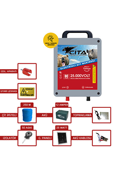 ÇİTA Elektrikli Çit Makinesi, 2 Dönüme göre Güneş Panelli & Akülü Domuz Kovuc...