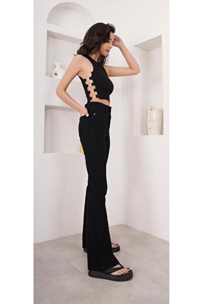 DENİM İN SHE ΝΕΑ ΣΕΖΟΝ ΨΗΛΟΜΕΣΩΤΑ ΠΑΝΤΕΛΟΝΙΑ E Ελαστικό FLARE TOPARLAYICI ΜΑΥ...