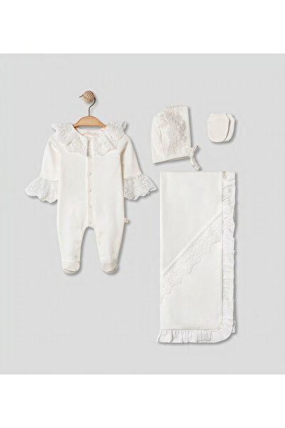 Pugi Baby Lace Detailed Newborn Hospital Release 4-Piece Baby Set (Overalls, ...